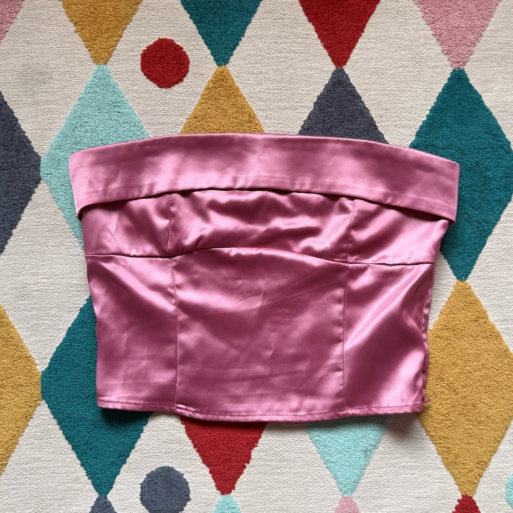 Satin Strapless Bustier Crop Top - Pink - Size M